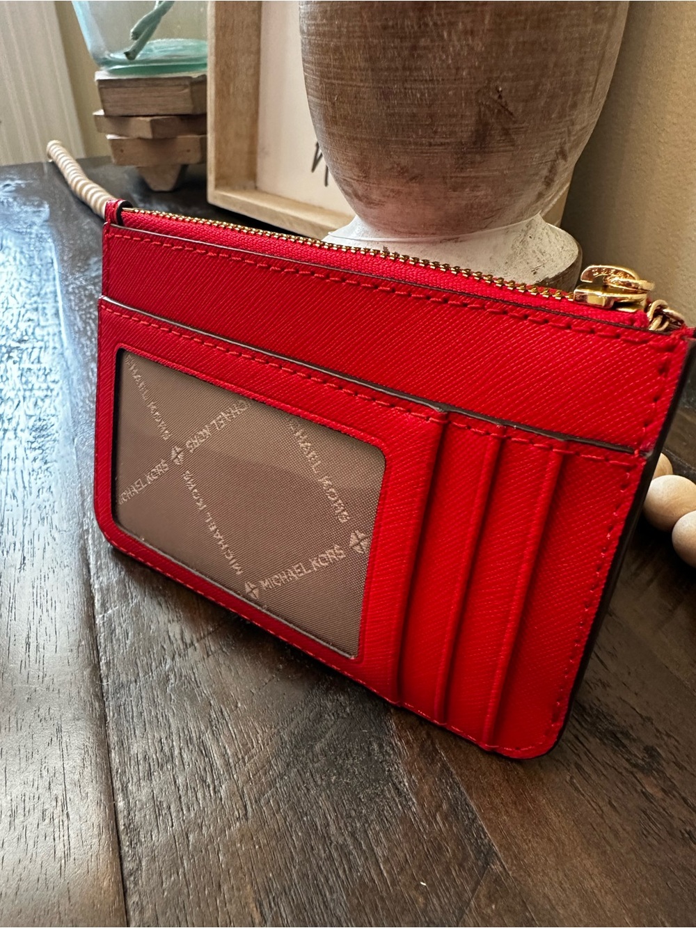 Michael Kors Red Card Holder Wristlet Zip Pouch Gold Hardware - Picture 5 of 9